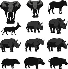 Obraz premium Collection of African wildlife silhouettes including elephants rhinos and hippos.