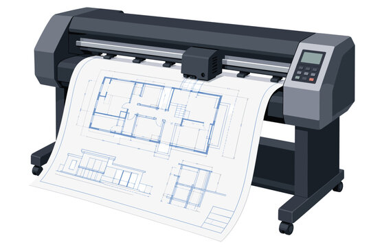 Large format plotter printing architectural blueprints and technical house plans for construction and engineering projects using advanced digital printing technology