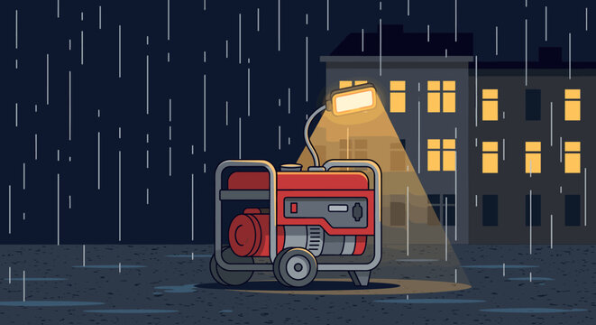Portable red electric power generator with light provides emergency electricity during a heavy rain storm at night in front of a residential building with glowing windows