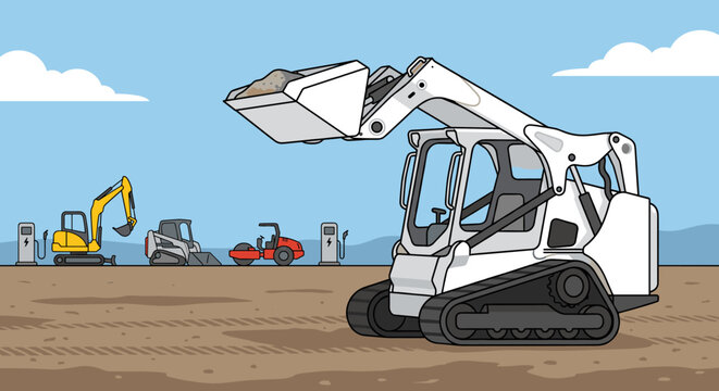 White compact track loader with raised bucket at a construction site with electric machinery including an excavator and steamroller near charging stations for eco-friendly building