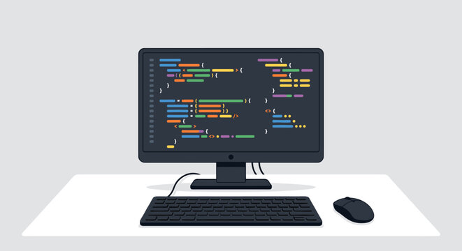 Computer monitor with programming code on screen featuring a keyboard and mouse on a desk representing software development, web design, and digital technology concepts