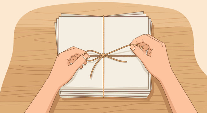 Hands tying a stack of paper with a thin brown twine string on a wooden table surface representing organization and preparation of documents or letters