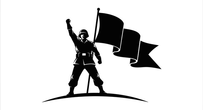 Silhouette of a victorious soldier holding a flag on a hill.