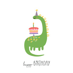 Cute dinosaur holding a birthday cake and wearing party hat. Adorable hand drawn nursery illustration with happy birthday lettering. Perfect for kids cards, posters, party invitations, childrens decor © Irina Ostapenko