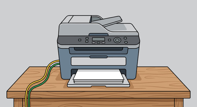 Multi-function office printer scanner and copier machine sitting on a wooden desk with paper in the tray and connected power cables for business document management