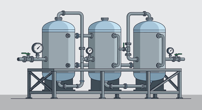 Industrial storage tanks and piping system illustration showing a complex arrangement of metal vessels, pressure gauges, and valves for chemical processing or water treatment