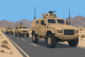 Obraz premium Military armored vehicles in a desert convoy driving on a road through a mountainous landscape during a tactical mission or patrol operation in a flat vector illustration style