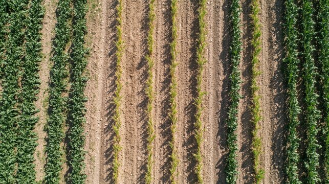 Aerial view of severely drought-stricken agricultural field with cracked soil and damaged crops