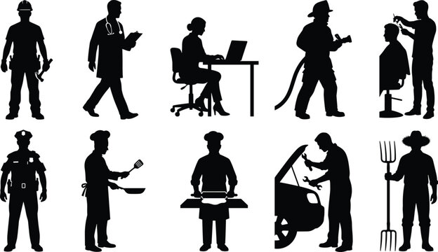 Collection of professional worker silhouettes featuring business, service, construction, retail, and technical people