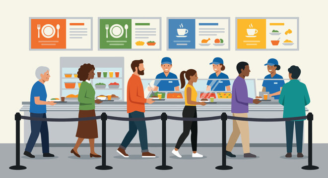 Diverse people standing in a cafeteria line waiting to be served by staff at a food counter with menu boards and trays in a modern canteen setting