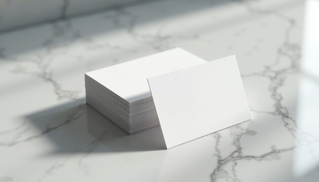 Blank white business cards stacked neatly on a clean marble surface. Soft shadows create a pro and modern aesthetic. Perfect for branding and identity mockups.