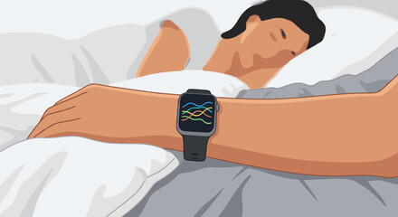 Obraz premium Smartwatch tracking sleep data on a wrist while a person sleeps in bed, showing health monitoring technology and biometric analysis for better rest and wellness management