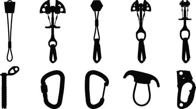 Collection of rigging hardware silhouettes featuring hooks, shackles, pulleys, clips, plates, and lifting connectors