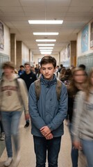 Fototapeta premium Lonely Teenage Boy Standing Still in Busy School Hallway Surrounded by Rushing Classmates in Motion Blur Capturing Concepts of Social Anxiety Isolation and Student Mental Health Issues