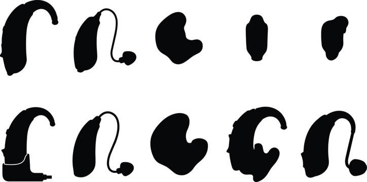 Collection of hearing aid silhouettes featuring ear devices, cochlear implants, earpieces, and assistive audio equipment