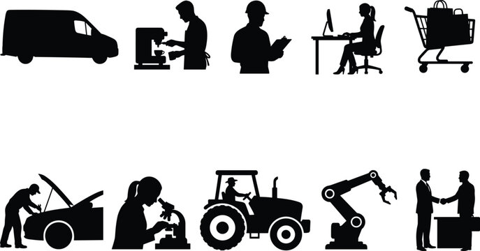 Collection of professional worker silhouettes featuring business, service, construction, retail, and technical people