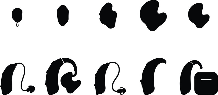 Collection of hearing aid silhouettes featuring ear devices, cochlear implants, earpieces, and assistive audio equipment