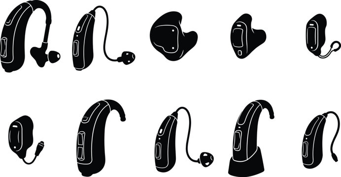 Collection of hearing aid silhouettes featuring ear devices, cochlear implants, earpieces, and assistive audio equipment