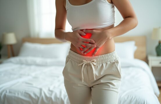 Woman holds sore lower belly with red pain spot. She feels discomfort in stomach or pelvic area. Possible issue like uti or period cramp. Needs medical help.