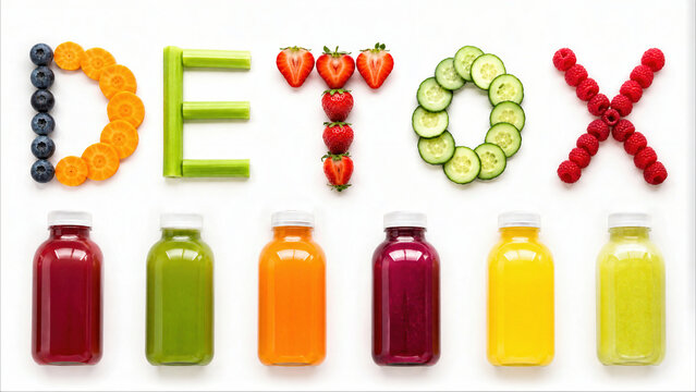 Top view of DETOX word spelled with berries, carrots, celery, and cucumber above assorted glass bottles filled with colorful fresh cold-pressed fruit and vegetable juices on white.