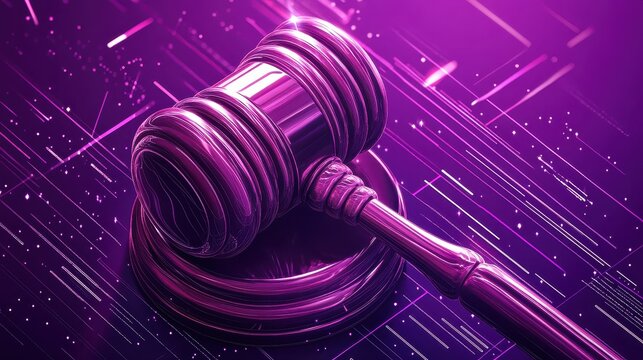 Close-up of a polished purple gavel resting on a stylized digital background representing antitrust and legal judgments in a modern context.