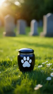 Pet cremation urn with paw print on green grass in cemetery at sunset, animal loss and memorial service vertical layout presentation background