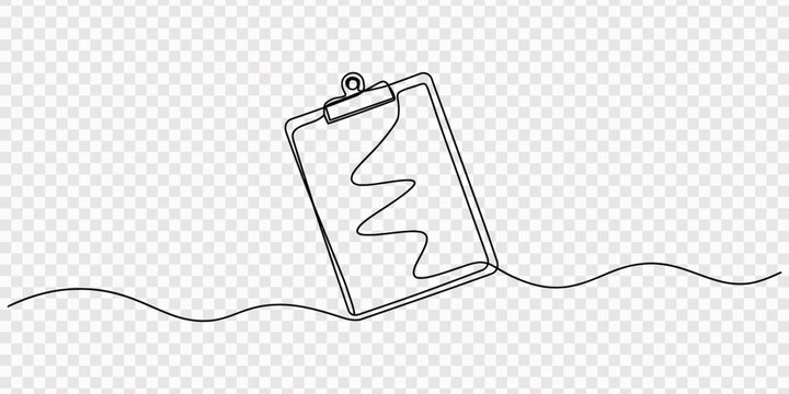 Clipboard icon in continuous one line drawing style, Continuous one line drawing of a clipboard with a checklist and a pen. Continuous line style. Hand drawn. Line art. Vector design. illustration.
