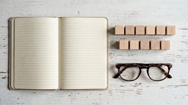Open blank notebook with lined pages, wooden blocks, and glasses on white wooden table, layout for writing, journaling, or reflection, top view.