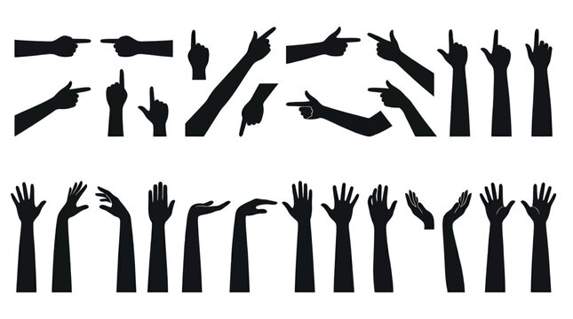 Detailed black silhouette vector illustration set showing human hands pointing and gesturing in various positions
