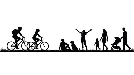 Obraz premium Flat black vector illustration showing diverse people enjoying outdoor leisure activities in a park setting