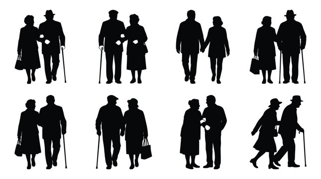 Detailed black vector silhouette illustration of various elderly couples walking together in many different poses