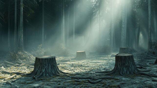 Deforestation scene in a misty forest clearing showing numerous tree stumps and felled trees under dramatic sunlight beams