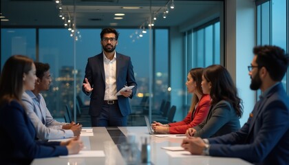 Obraz na płótnie Canvas Indian manager leads business meeting in modern office with diverse team. People sit at table, listen to speaker presenting with tablet. Cityscape outside window.