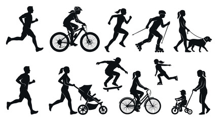 Fototapeta premium Detailed black vector illustration set of diverse people performing various active healthy lifestyle outdoor activities