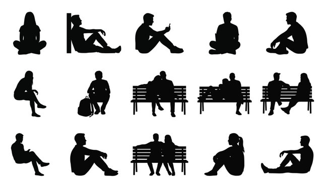 Collection of diverse black vector silhouettes featuring people sitting and relaxing in various different poses