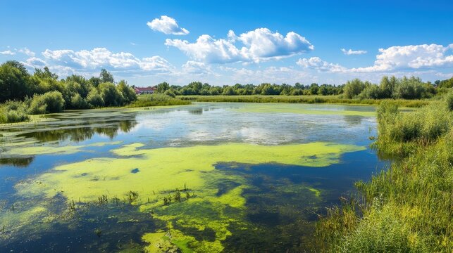 Dense green algae bloom spreads across the surface of a polluted lake under a bright blue sky with fluffy clouds