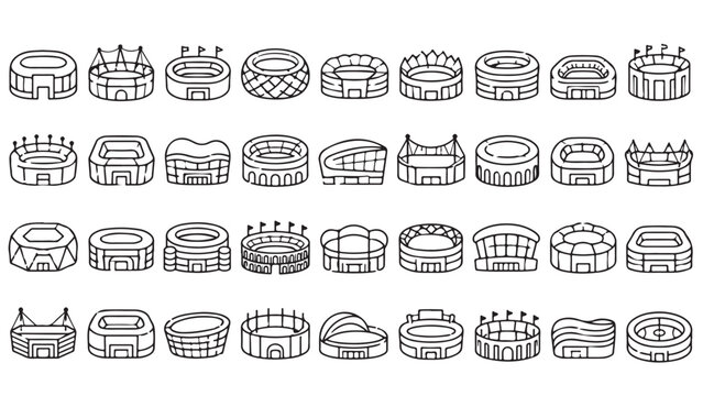 Stadium arena line icon set. Football field, sports venue, dome, grandstand, coliseum, match arena outline vector illustrations. Symbols for sport architecture on white background.