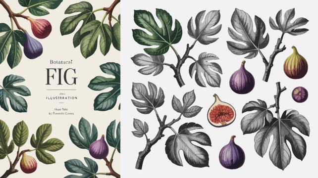 Botanical fig illustration showcases detailed depictions of leaves fruit and branches against a pale background figs ficus fruits art plant