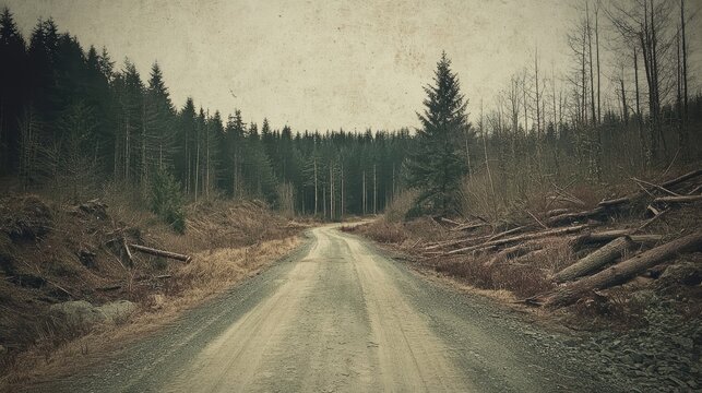 Dirt road winds through a partially deforested forest with felled trees and texture emphasis