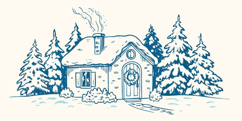 Cozy cottage illustration with snowy trees hand drawn blue ink style © Hridoy
