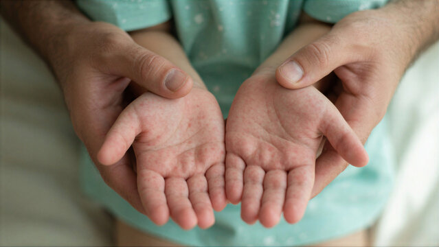 Close-up of a child's hands with a red viral rash or spots being held by an adult for medical examination, symptomatic of Hand, Foot, and Mouth Disease (HFMD).