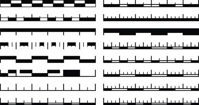 Architectural CAD measurement scale vector set, rulers and dimension bars with tick marks and graduations for technical drafting, blueprint annotation and engineering drawings