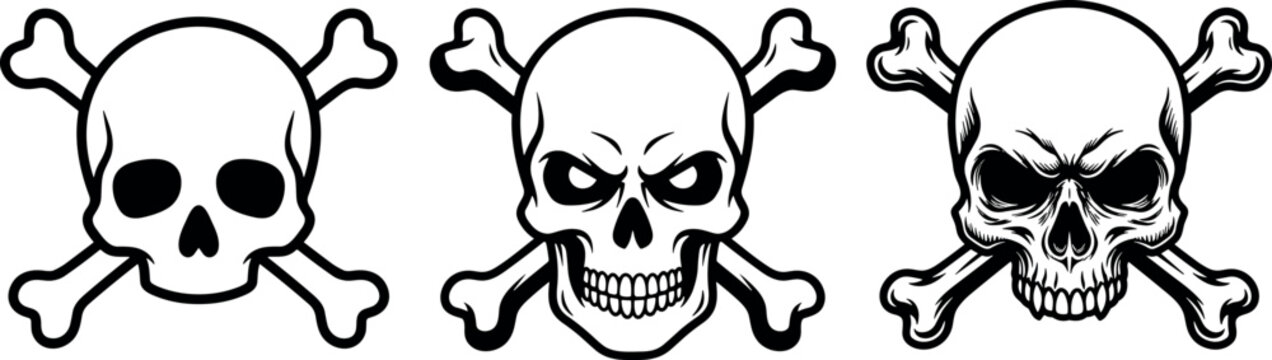 Human skull and crossbones vector set with pirate jolly roger emblem for halloween or gothic design