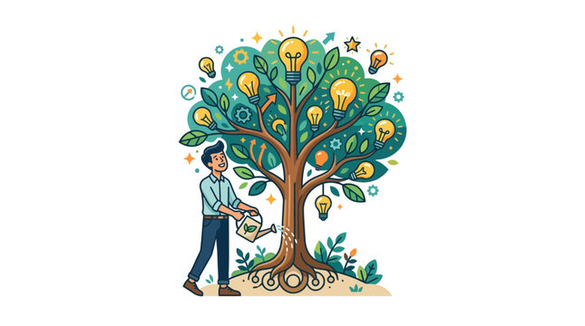 Man Watering Light Bulb Tree for Ideas and Innovation Growth