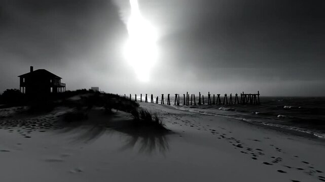 Dramatic black and white landscape of a lonely beach house and weathered pier under a stormy sky