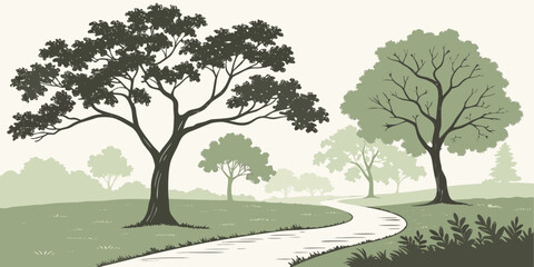 Serene winding path through a green landscape with silhouetted and lighter trees in a hand-drawn style landscape illustration woodland tranquil environment peaceful background silhouette © AE