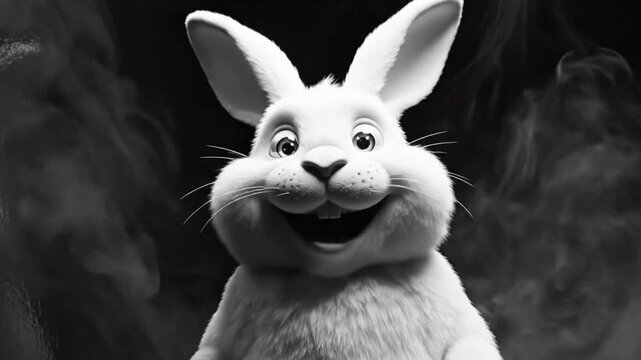 Cheerful white cartoon bunny waving with a smile in front of a hazy background in black and white