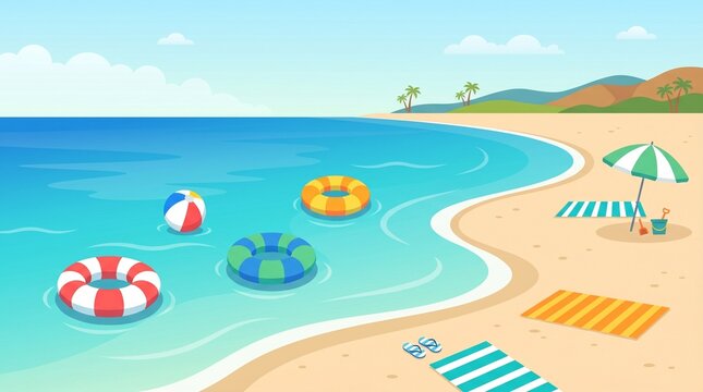 Summer beach landscape with sea, sand, umbrellas and swimming rings