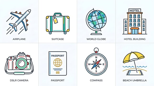 Modern travel essentials icon set with airplane, suitcase, world globe, hotel building, DSLR camera, passport, compass and beach umbrella on shoreline, perfect for booking apps, tourism websites, vaca