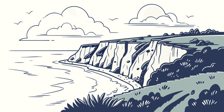 Hand drawn illustration of iconic white chalk cliffs by the sea with a sandy beach below and birds in the sky coastline landscape illustration environment outdoors landform landmark vacation